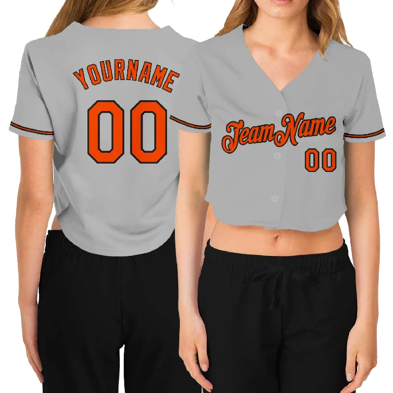 Comfortable Fitted Baseball Jersey for Active Use-Custom Women's Gray Orange-Black V-Neck Cropped Baseball Jersey