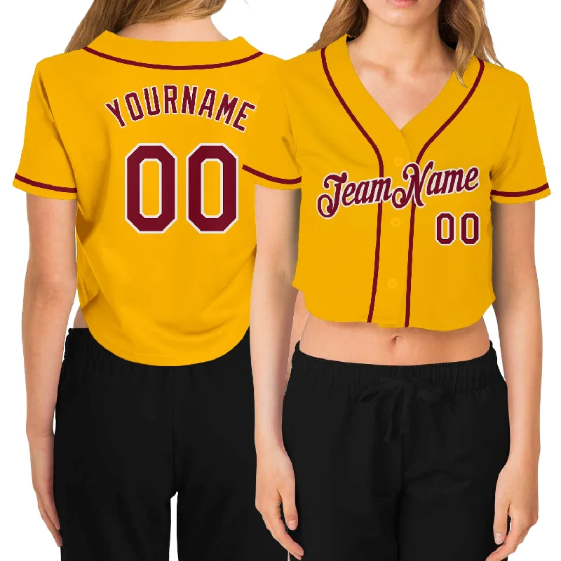 Custom Design Baseball Jersey for Unique Looks-Custom Women's Gold Crimson-White V-Neck Cropped Baseball Jersey