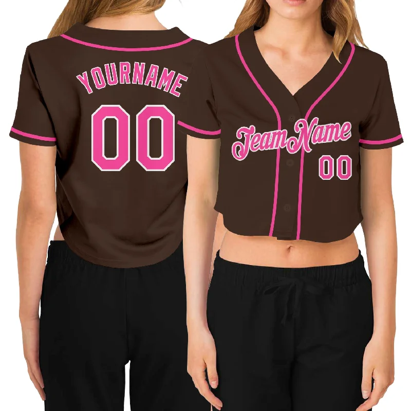 Performance Baseball Jersey for Athletes-Custom Women's Brown Pink-White V-Neck Cropped Baseball Jersey