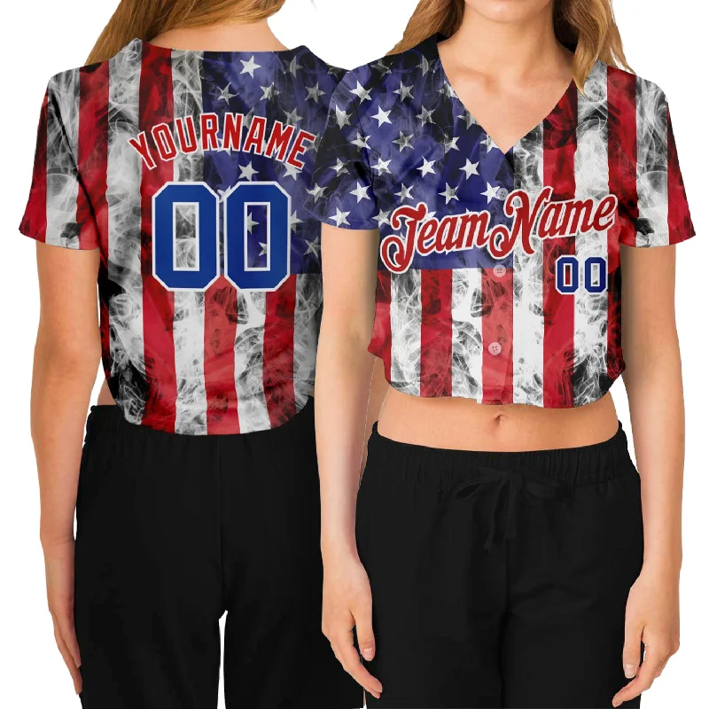 Baseball Jersey with Custom Logo for Teams-Custom Women's White Royal-Red American Flag Fashion 3D V-Neck Cropped Baseball Jersey