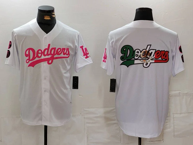 Officially Licensed Baseball Jersey for Fans-Los Angeles Dodgers Team Big Logo White Pink Vin & Kobe Patch Stitched Baseball Jersey