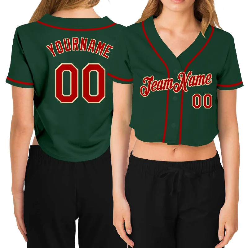 Soft Cotton Baseball Jersey for Everyday Outfits-Custom Women's Green Red-Cream V-Neck Cropped Baseball Jersey