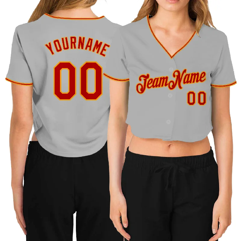 Baseball Jersey with Bold Team Colors-Custom Women's Gray Red-Gold V-Neck Cropped Baseball Jersey