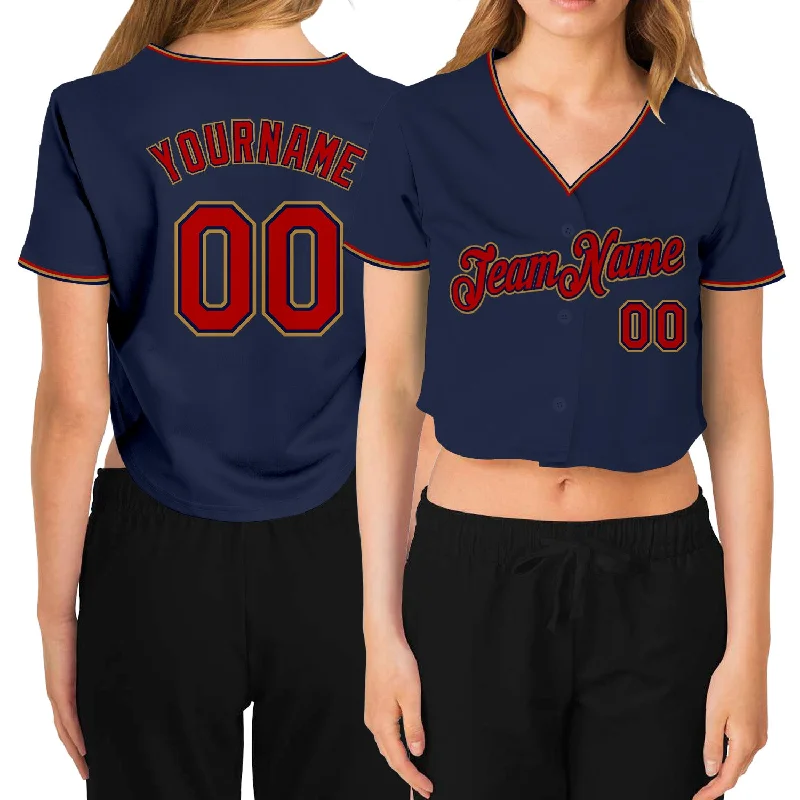 Cool and Comfortable Baseball Jersey for Training-Custom Women's Navy Red-Old Gold V-Neck Cropped Baseball Jersey