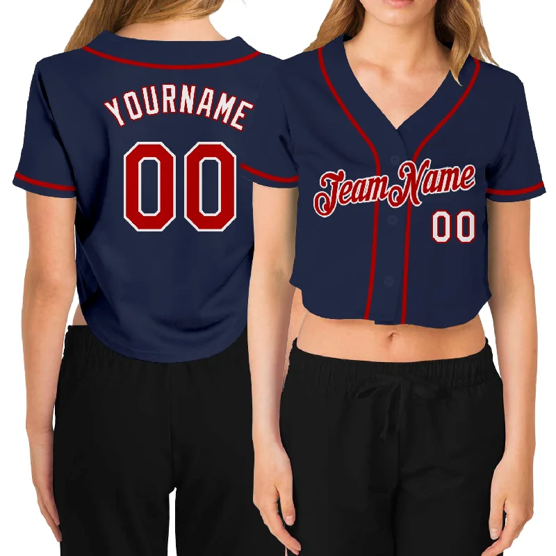 Personalized Baseball Jersey for Fan Collectibles-Custom Women's Navy Red-White V-Neck Cropped Baseball Jersey