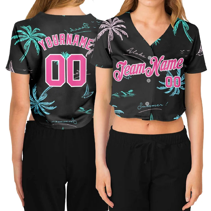 Personalized Baseball Jersey for Fan Collectibles-Custom Women's Black Pink-White Hawaii Palm Trees 3D V-Neck Cropped Baseball Jersey