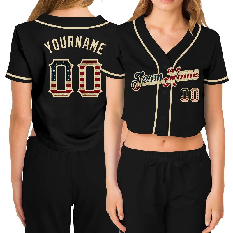 High-Quality Baseball Jersey for Ultimate Comfort-Custom Women's Black Vintage USA Flag-Cream V-Neck Cropped Baseball Jersey