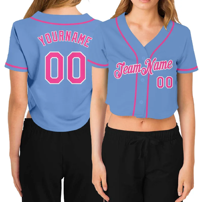 Soft Polyester Baseball Jersey for Maximum Comfort-Custom Women's Light Blue Pink-White V-Neck Cropped Baseball Jersey