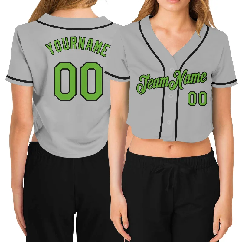 Comfortable Baseball Jersey for Outdoor Games-Custom Women's Gray Neon Green-Black V-Neck Cropped Baseball Jersey