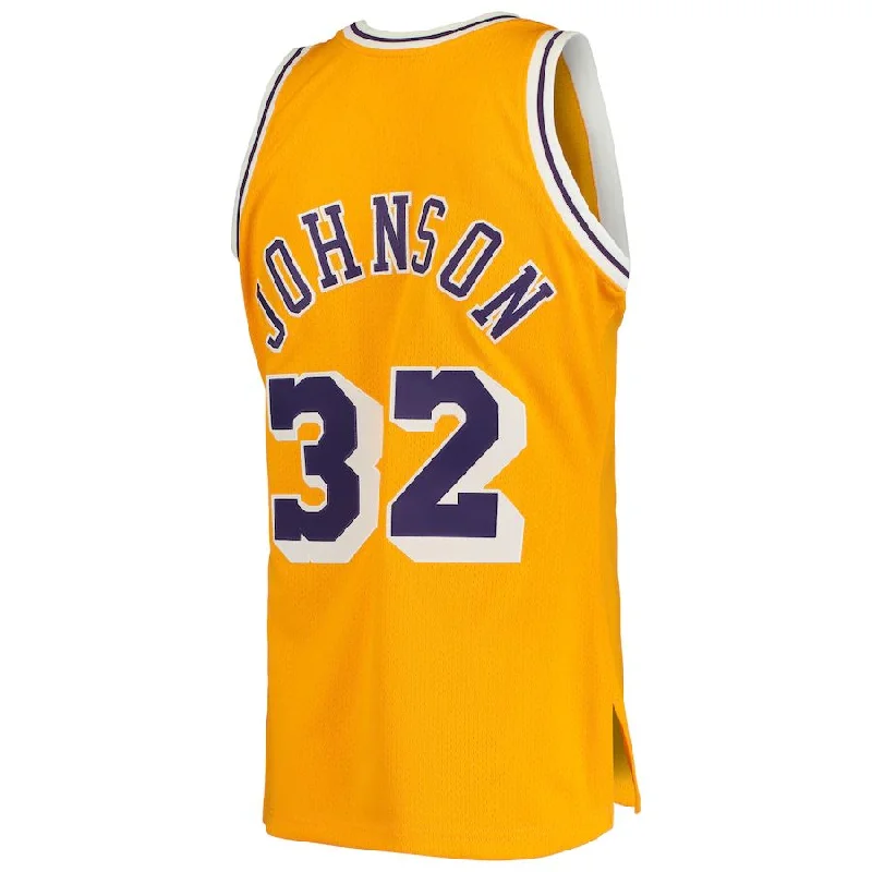 Stylish Basketball Jersey with Graphics and Text-LA.Lakers #32 Magic Johnson Mitchell & Ness 1984-85 Hardwood Classics Authentic Jersey  Gold Stitched American Basketball Jersey