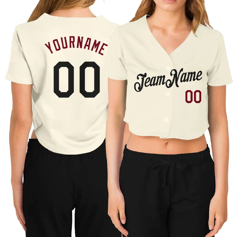 Bright Colored Baseball Jersey for Team Spirit-Custom Women's Cream Black-Crimson V-Neck Cropped Baseball Jersey