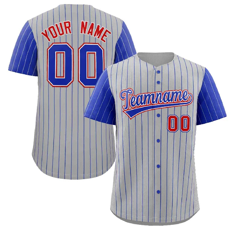 Comfortable Fitted Baseball Jersey for Active Use-Custom Gray Royal-White Stripe Fashion Raglan Sleeves Authentic Baseball Jersey