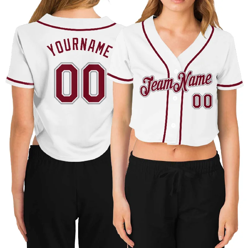 Durable Baseball Jersey for Outdoor Games-Custom Women's White Crimson-Gray V-Neck Cropped Baseball Jersey