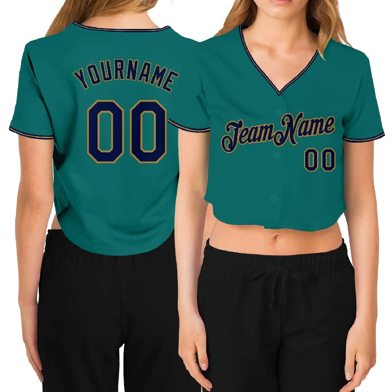 Baseball Jersey with Breathable Mesh Fabric-Custom Women's Aqua Navy-Old Gold V-Neck Cropped Baseball Jersey