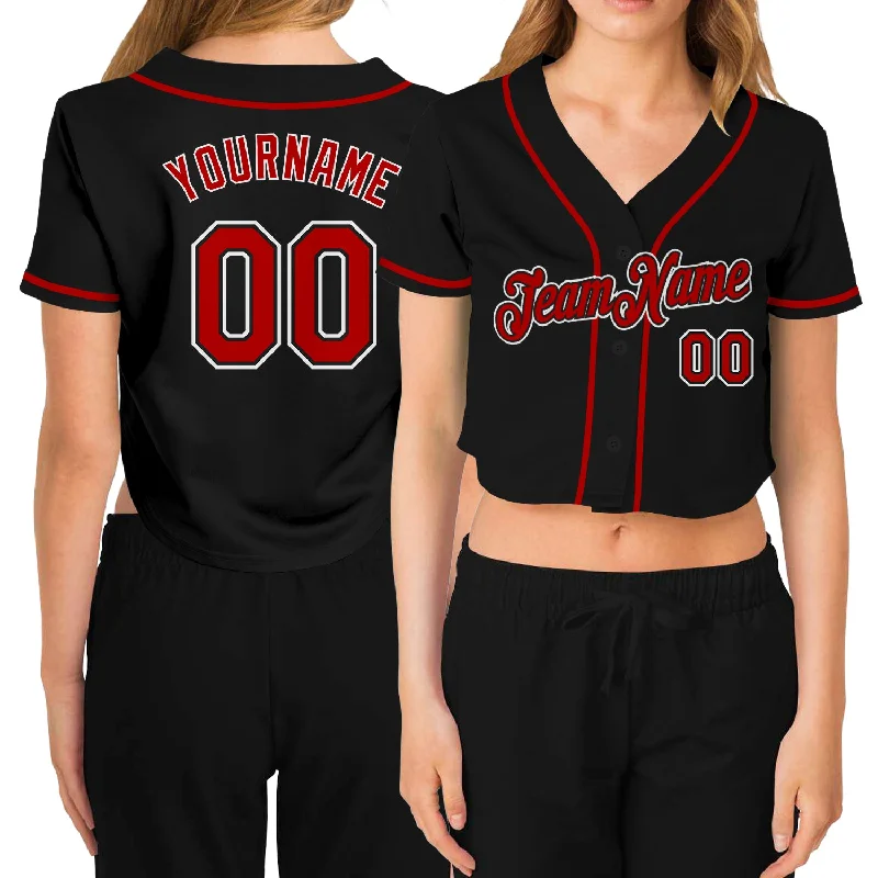 Baseball Jersey with Adjustable Fit for Comfort-Custom Women's Black Red-White V-Neck Cropped Baseball Jersey