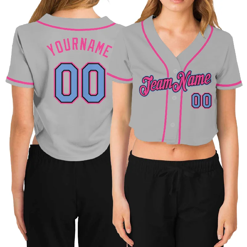 Official MLB Baseball Jersey for Authentic Look-Custom Women's Gray Light Blue Black-Pink V-Neck Cropped Baseball Jersey