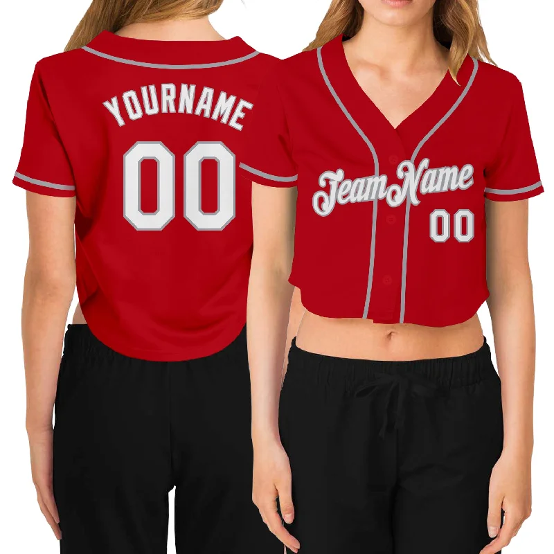 Baseball Jersey for Little League Players-Custom Women's Red White-Gray V-Neck Cropped Baseball Jersey