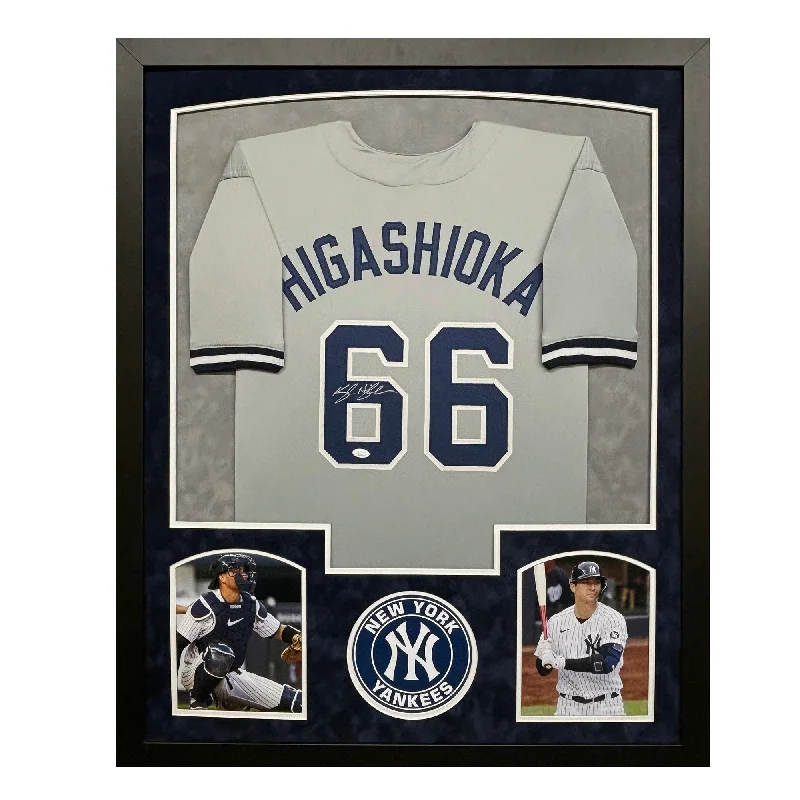 Personalized Name Baseball Jersey for Fans-Kyle Higashioka Signed Higgy New York Grey Custom Suede Matte Framed Baseball Jersey (JSA)