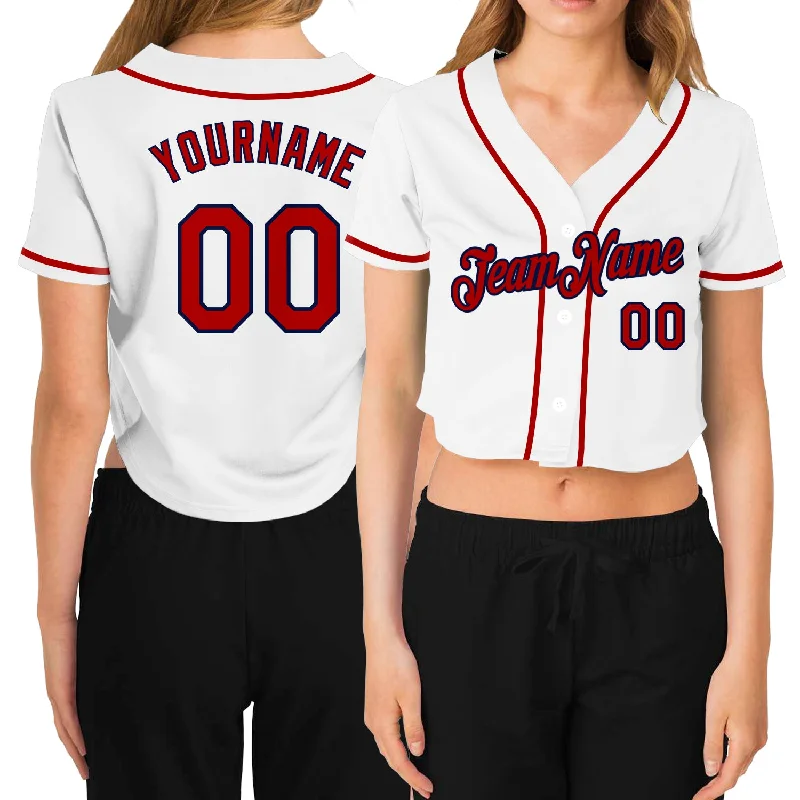 Breathable Baseball Jersey for Active Players-Custom Women's White Red-Navy V-Neck Cropped Baseball Jersey