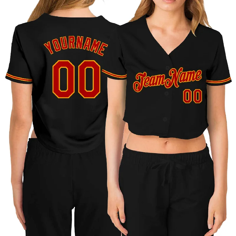 Lightweight Baseball Jersey for Spring Training-Custom Women's Black Red-Gold V-Neck Cropped Baseball Jersey