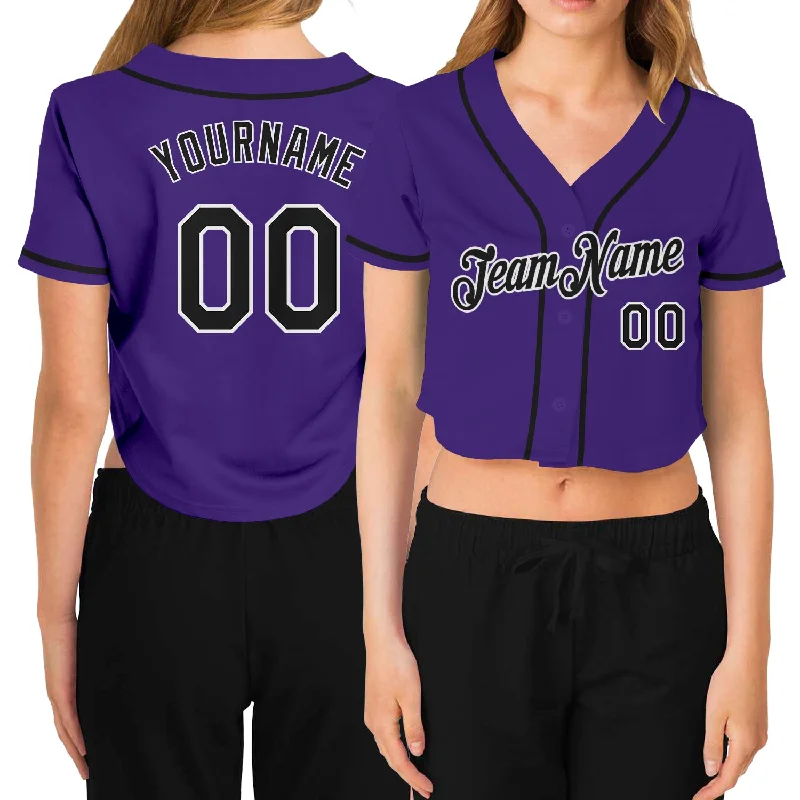 Premium Baseball Jersey for Sports Enthusiasts-Custom Women's Purple Black-White V-Neck Cropped Baseball Jersey