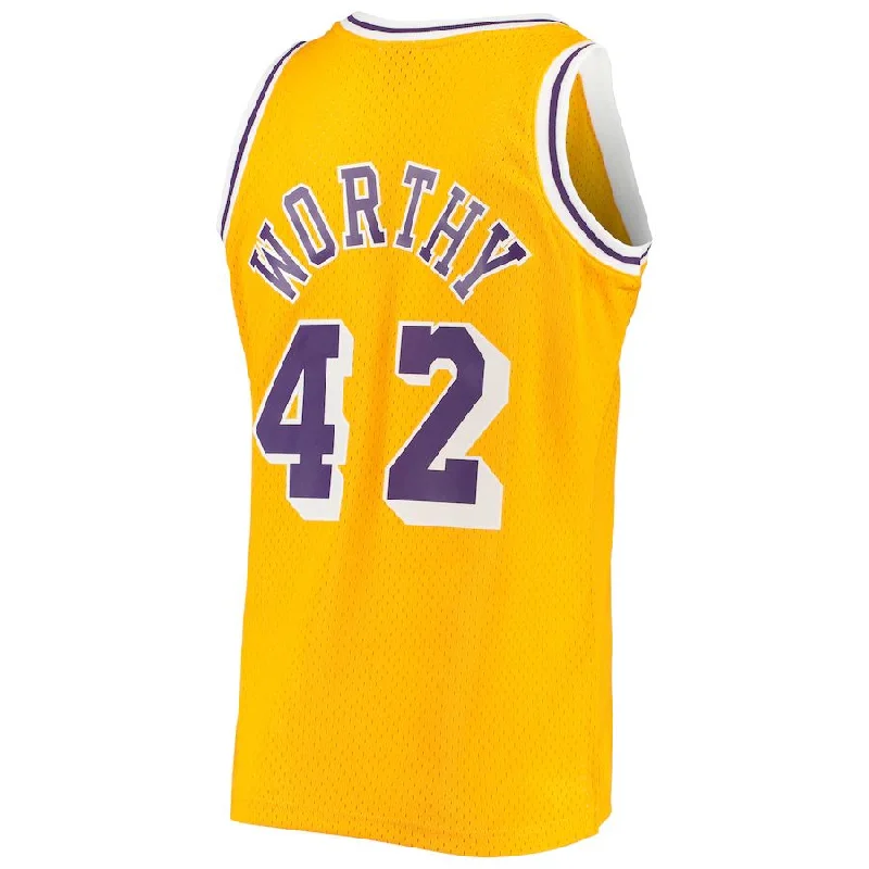 Customizable Basketball Jersey for Coaches and Players-LA.Lakers #42 James Worthy Mitchell & Ness 1984-85 Hardwood Classics Swingman Jersey Gold Stitched American Basketball Jersey