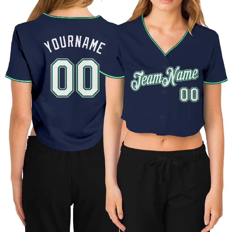 Team Baseball Jersey with Embroidered Patches-Custom Women's Navy White Kelly Green-Gray V-Neck Cropped Baseball Jersey