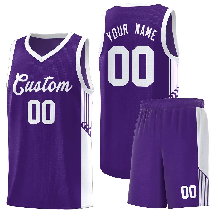 Basketball Jersey with Mesh Fabric for Cooling Effect-Custom Purple White Side Stripe Fashion Sports Uniform Basketball Jersey