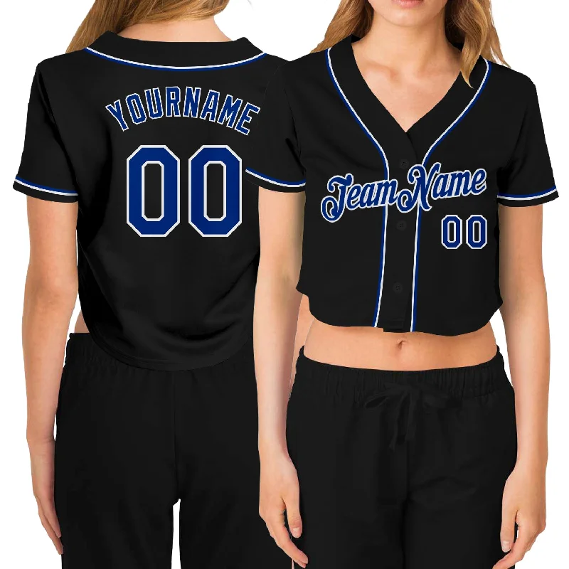 Baseball Jersey with Bold Lettering for Customization-Custom Women's Black Royal-White V-Neck Cropped Baseball Jersey