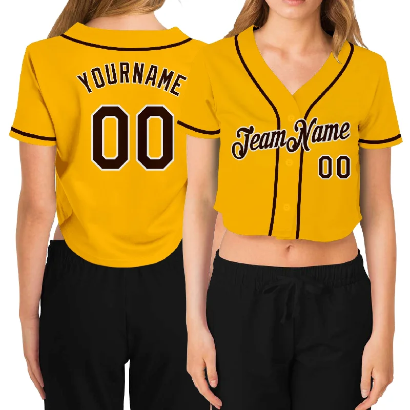 Long Sleeve Baseball Jersey for Cooler Weather-Custom Women's Gold Brown-White V-Neck Cropped Baseball Jersey