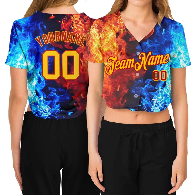 Modern Baseball Jersey with Street Style-Custom Women's Red Gold Royal-Light Blue Flame 3D V-Neck Cropped Baseball Jersey