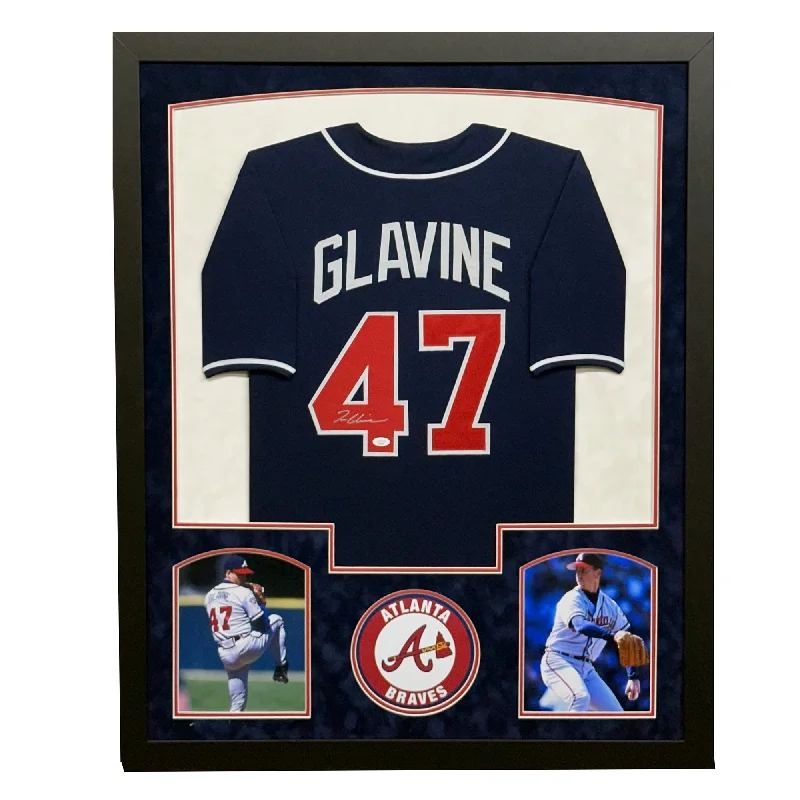 Soft Polyester Baseball Jersey for Maximum Comfort-Tom Glavine Signed Atlanta Navy Custom Suede Matte Framed Baseball Jersey (JSA)