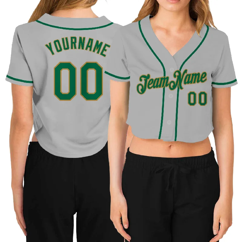 Retro Style Baseball Jersey for Classic Fans-Custom Women's Gray Kelly Green-Old Gold V-Neck Cropped Baseball Jersey