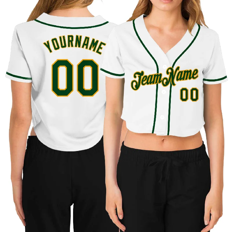 Custom Baseball Jersey for Birthday Parties-Custom Women's White Green-Gold V-Neck Cropped Baseball Jersey