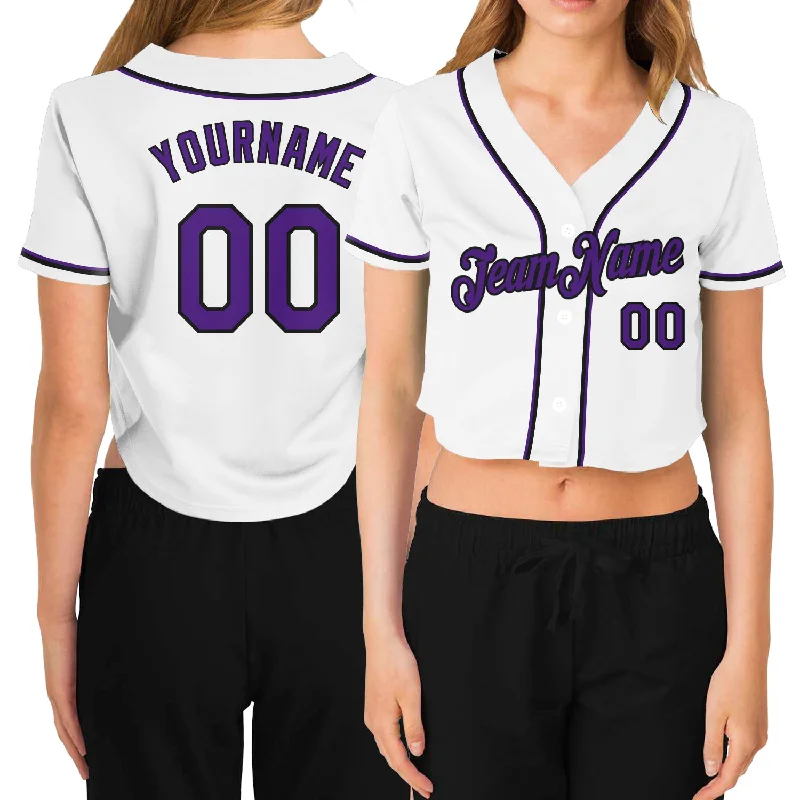 Casual Baseball Jersey for Relaxed Looks-Custom Women's White Purple-Black V-Neck Cropped Baseball Jersey