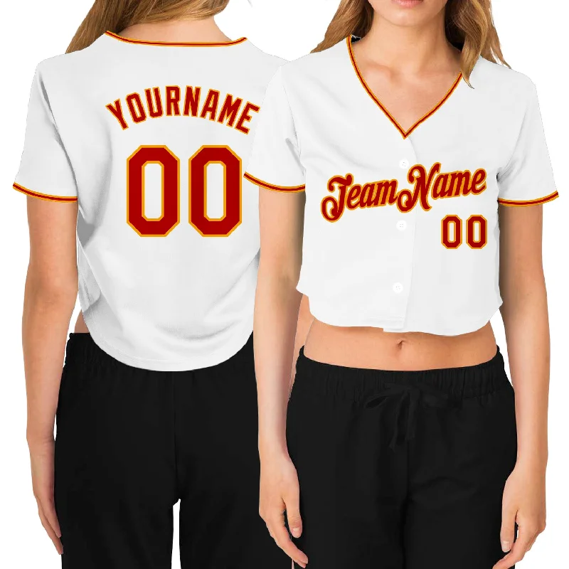 Sporty Baseball Jersey for Active Players-Custom Women's White Red-Gold V-Neck Cropped Baseball Jersey