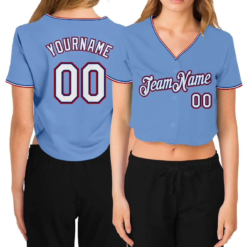 Customizable Baseball Jersey for Coaches-Custom Women's Light Blue White Royal-Red V-Neck Cropped Baseball Jersey