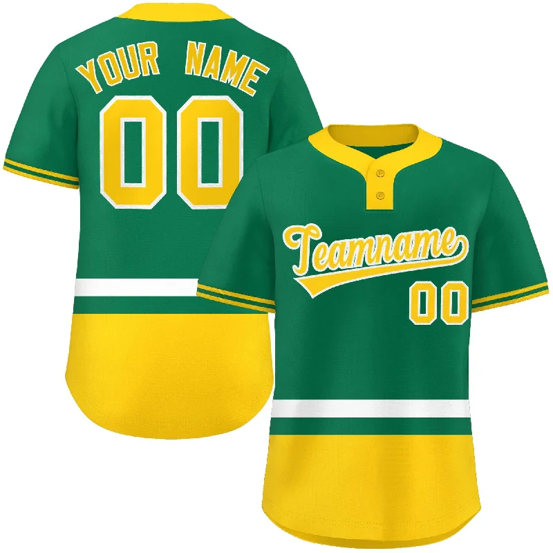 Soft Polyester Baseball Jersey for Maximum Comfort-Custom Kelly Green White-Gold Color Block Personalized Authentic Two-Button Baseball Jersey