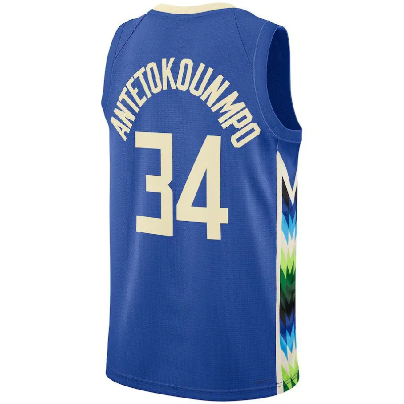 Basketball Jersey with Pockets for Convenience-M.Bucks #34 Giannis Antetokounmpo Unisex 2022-23 Swingman Jersey City Edition Royal Stitched American Basketball Jersey