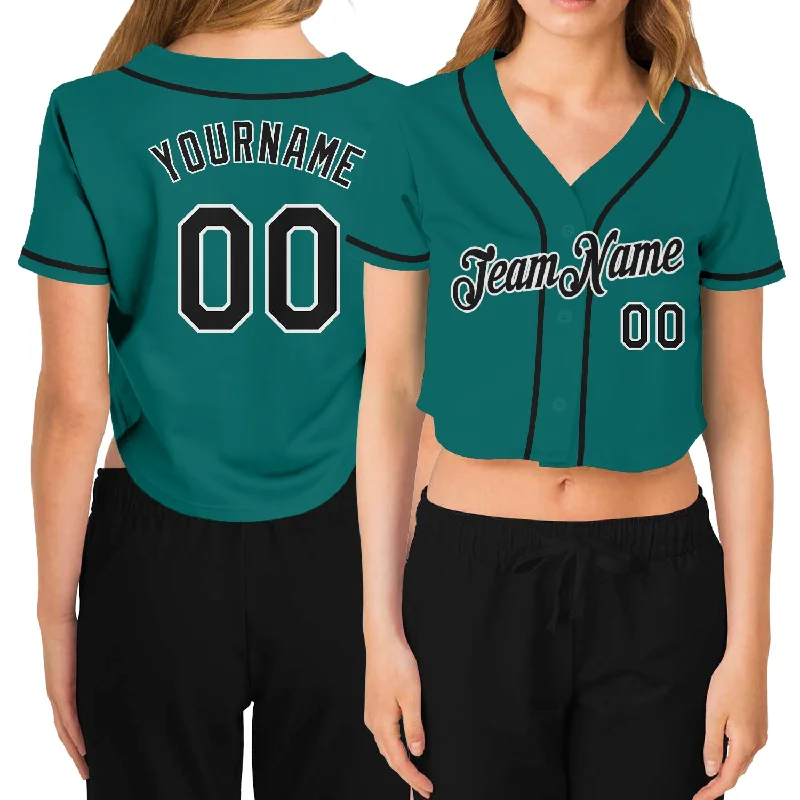 Bold Color Block Baseball Jersey for Modern Style-Custom Women's Aqua Black-White V-Neck Cropped Baseball Jersey