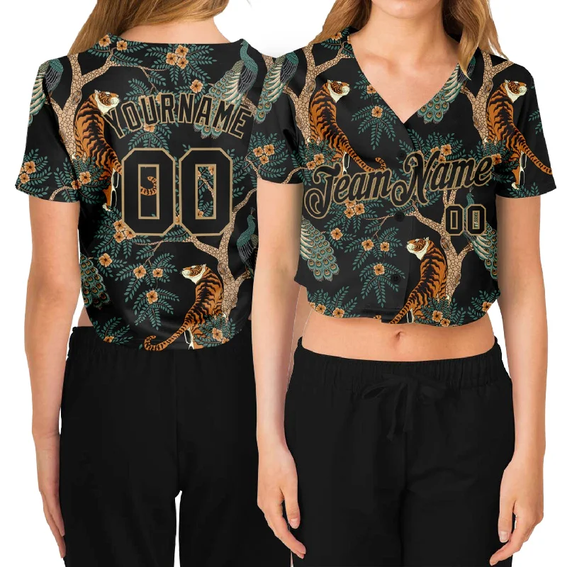 Breathable Baseball Jersey for Hot Weather-Custom Women's Black Black-Old Gold Tiger And Peacock 3D V-Neck Cropped Baseball Jersey