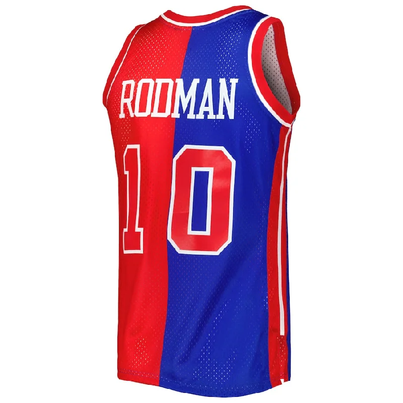 Youth Basketball Jersey for Kids and Teens-D.Pistons #10 Dennis Rodman Mitchell & Ness Hardwood Classics 1988-89 Split Swingman Jersey Blue Red Stitched American Basketball Jersey