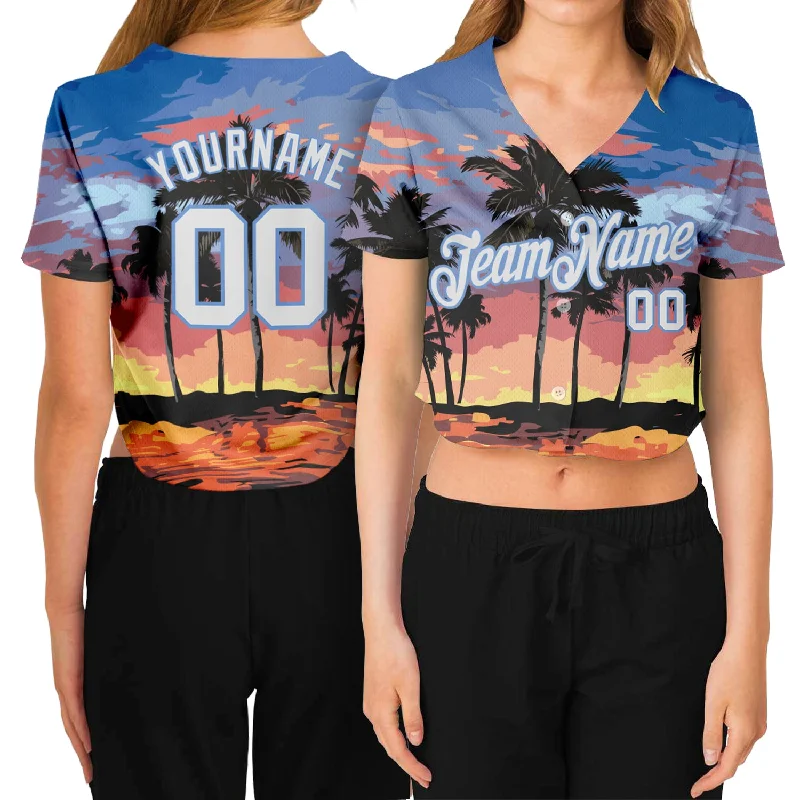 Soft Cotton Baseball Jersey for Comfort-Custom Women's Light Blue White-Light Blue Hawaii Palm Trees 3D V-Neck Cropped Baseball Jersey