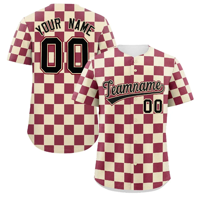 Stylish Baseball Jersey for Baseball Fans-Custom Khaki Crimson Square Grid Color Block Design Authentic Baseball Jersey