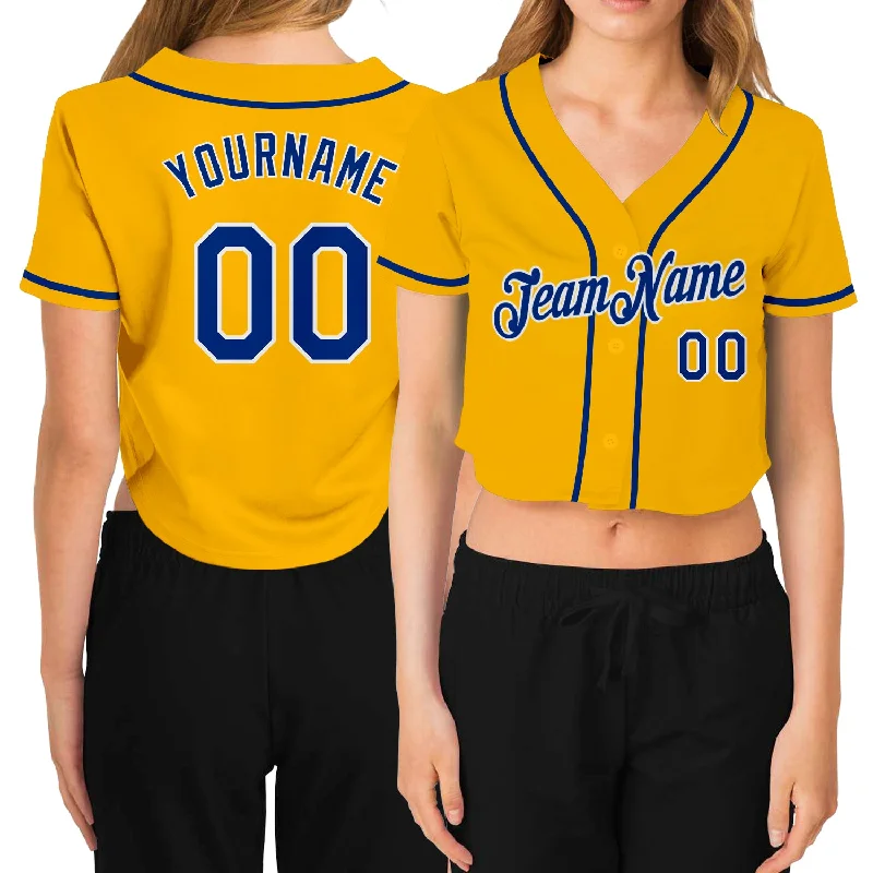 Sporty Baseball Jersey for Active Players-Custom Women's Gold Royal-White V-Neck Cropped Baseball Jersey