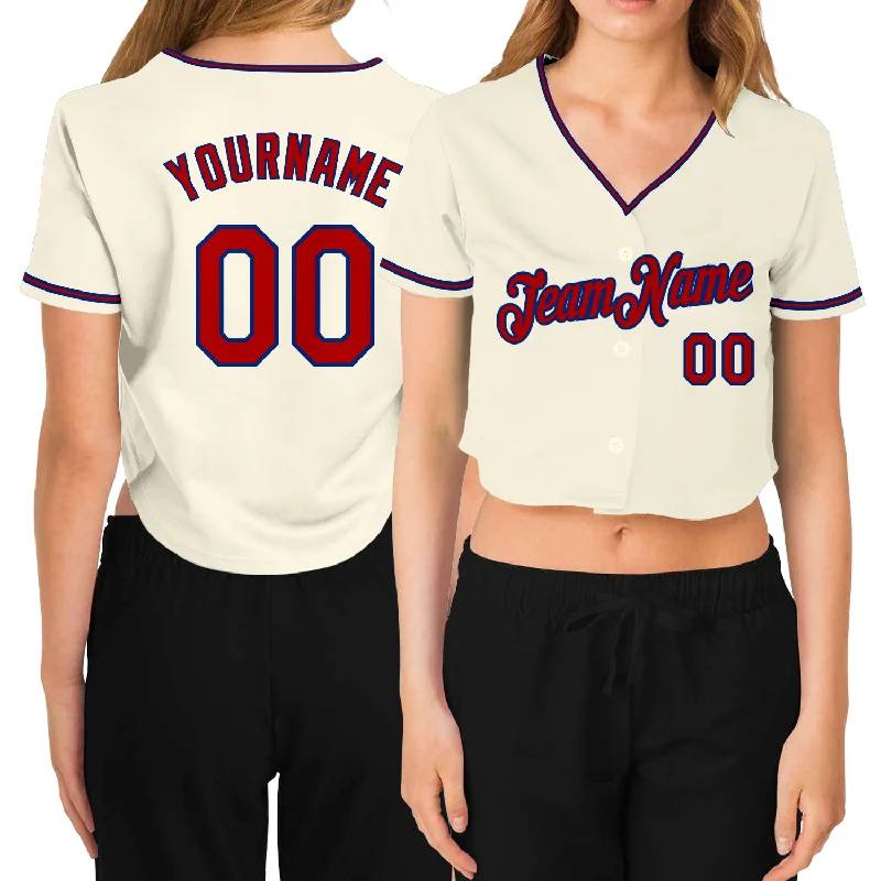 High-Performance Baseball Jersey for Training-Custom Women's Cream Red-Royal V-Neck Cropped Baseball Jersey