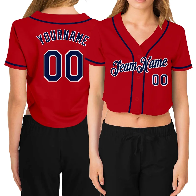 Soft Polyester Baseball Jersey for Active Play-Custom Women's Red Navy-White V-Neck Cropped Baseball Jersey