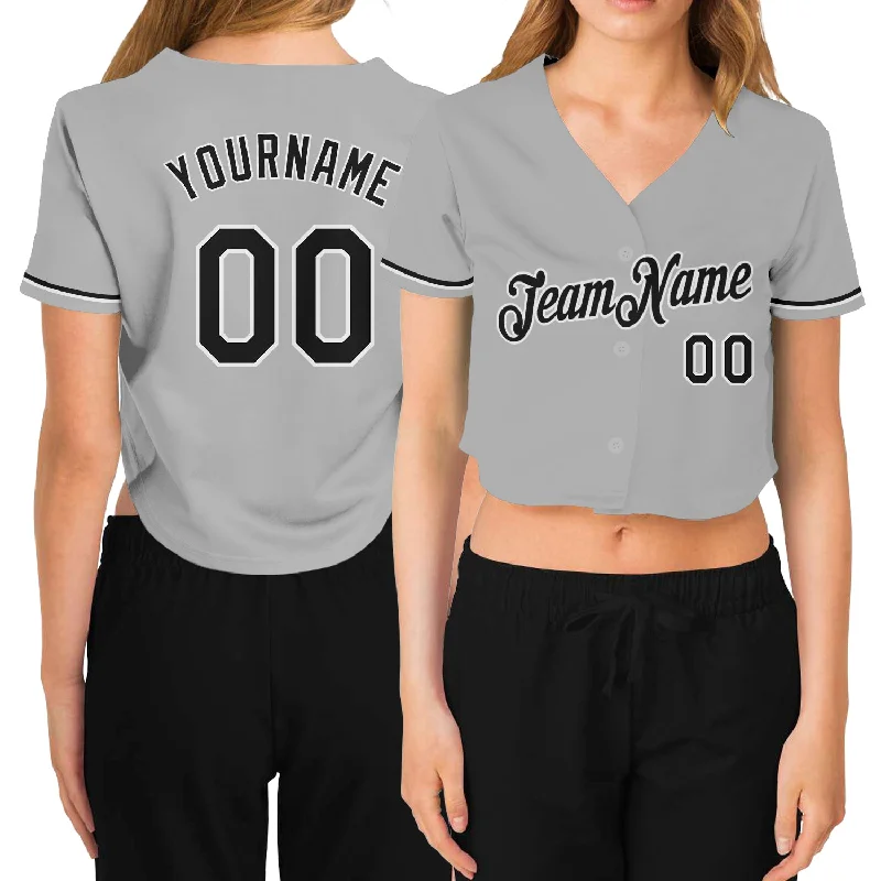 Vintage Baseball Jersey for Classic Style-Custom Women's Gray Black-White V-Neck Cropped Baseball Jersey