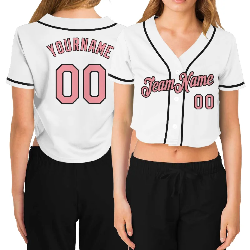 Casual Baseball Jersey for Everyday Comfort-Custom Women's White Medium Pink-Black V-Neck Cropped Baseball Jersey