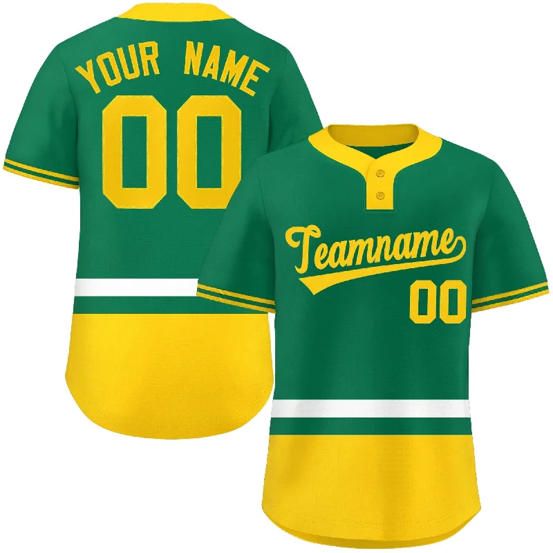 Trendy Baseball Jersey for Casual Wear-Custom Kelly Green White-Gold Color Block Personalized Authentic Two-Button Baseball Jersey